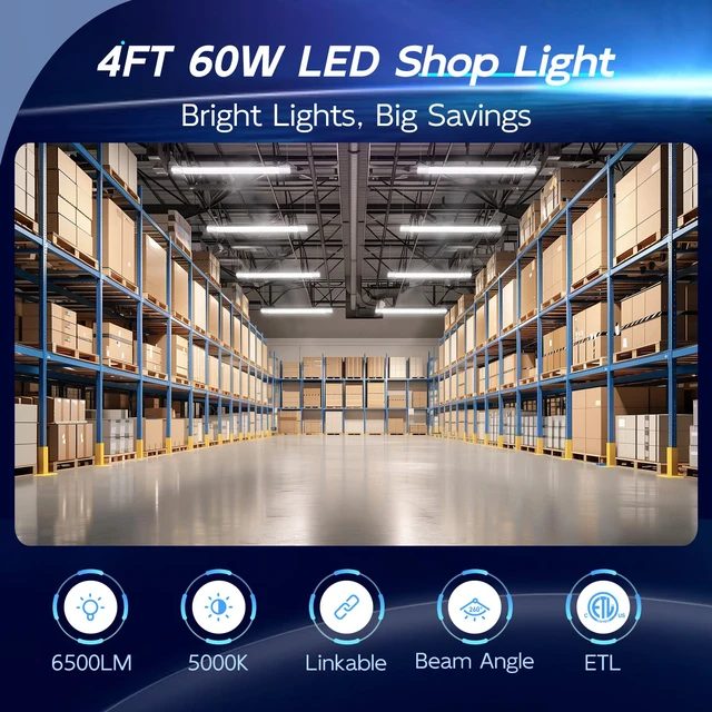 Alt view image 2 of 7 - 4FT Linkable LED Shop Light for Garage, 6500LM 60W Utility Light Fixture, 5000K Daylight LED Workbench Light with Plug, Hanging or Surface Mount,White - ETL,2 Pack