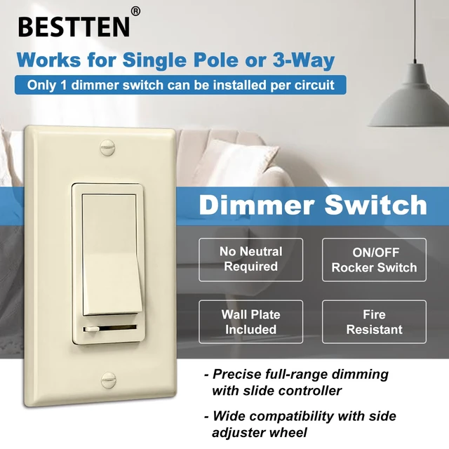 Alt view image 3 of 7 - 2 Pack Almond Dimmer Light Switch, Single Pole or 3-Way, UL Listed Compatible with Dimmable LED, CFL, Incandescent and Halogen Bulb, 120VAC, Decorator Wall Plate Included