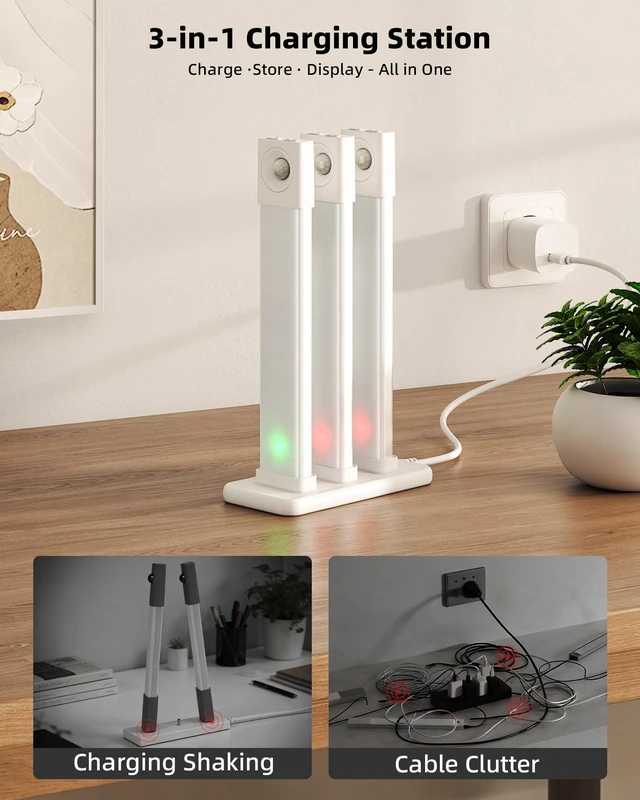 Alt view image 3 of 7 - Under Cabinet Lighting with Charging Station, 8 inch Motion Sensor Light Indoor, 1100mAh Rechargeable LED Light, 3 Color Temperatures, Dimmable Counter Lights for Kitchen, Closet, Stair (3Pack)