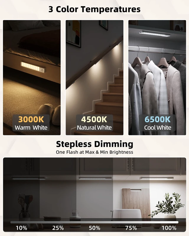 Alt view image 4 of 7 - Under Cabinet Lighting with Charging Station, 8 inch Motion Sensor Light Indoor, 1100mAh Rechargeable LED Light, 3 Color Temperatures, Dimmable Counter Lights for Kitchen, Closet, Stair (3Pack)