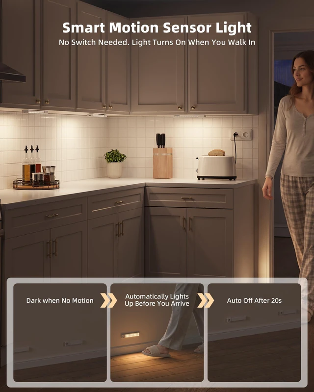Alt view image 2 of 7 - Under Cabinet Lighting with Charging Station, 8 inch Motion Sensor Light Indoor, 1100mAh Rechargeable LED Light, 3 Color Temperatures, Dimmable Counter Lights for Kitchen, Closet, Stair (3Pack)