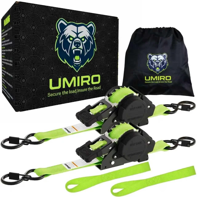Main image of Retractable Ratchet Straps 1 Inch x 12 Feet Heavy Duty Tie Downs Auto Retract Strap 1760lb Break Strength,Self Retracting for Truck,Cargo,Trailer,Motorcycle,ATV,UTV (Fluorescent Green,2 Pack)