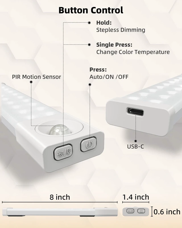 Alt view image 7 of 7 - Under Cabinet Lighting with Charging Station, 8 inch Motion Sensor Light Indoor, 1100mAh Rechargeable LED Light, 3 Color Temperatures, Dimmable Counter Lights for Kitchen, Closet, Stair (3Pack)