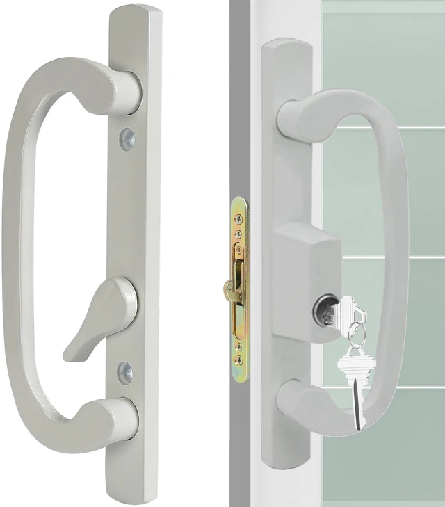 Main image of Offset Position Keyed Sliding Patio Door Handleset with Mortise Lock, 45° Keyway, 3-15/16" H.C., Fits 1-3/8" to 2" Thick Doors, Non-Handed, White Diecast
