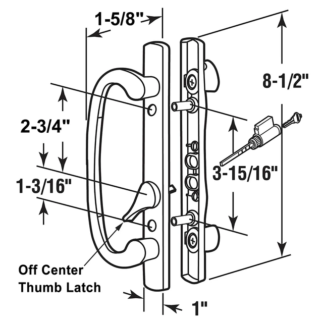 Alt view image 2 of 7 - Offset Position Keyed Sliding Patio Door Handleset with Mortise Lock, 45° Keyway, 3-15/16" H.C., Fits 1-3/8" to 2" Thick Doors, Non-Handed, White Diecast