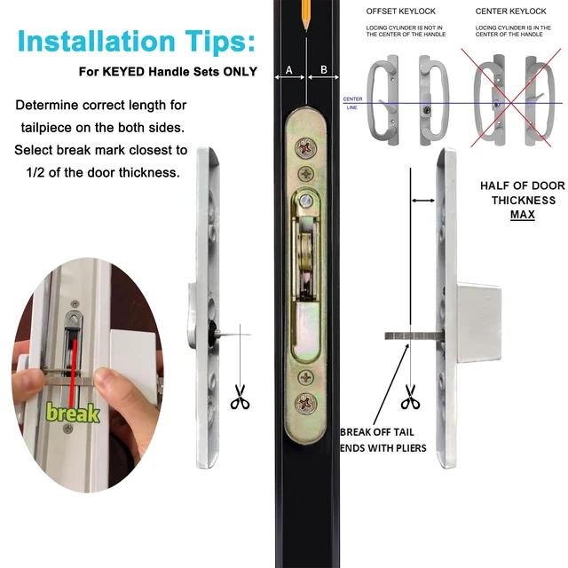 Alt view image 4 of 7 - Offset Position Keyed Sliding Patio Door Handleset with Mortise Lock, 45° Keyway, 3-15/16" H.C., Fits 1-3/8" to 2" Thick Doors, Non-Handed, White Diecast