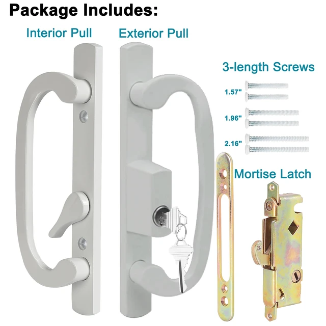 Alt view image 6 of 7 - Offset Position Keyed Sliding Patio Door Handleset with Mortise Lock, 45° Keyway, 3-15/16" H.C., Fits 1-3/8" to 2" Thick Doors, Non-Handed, White Diecast