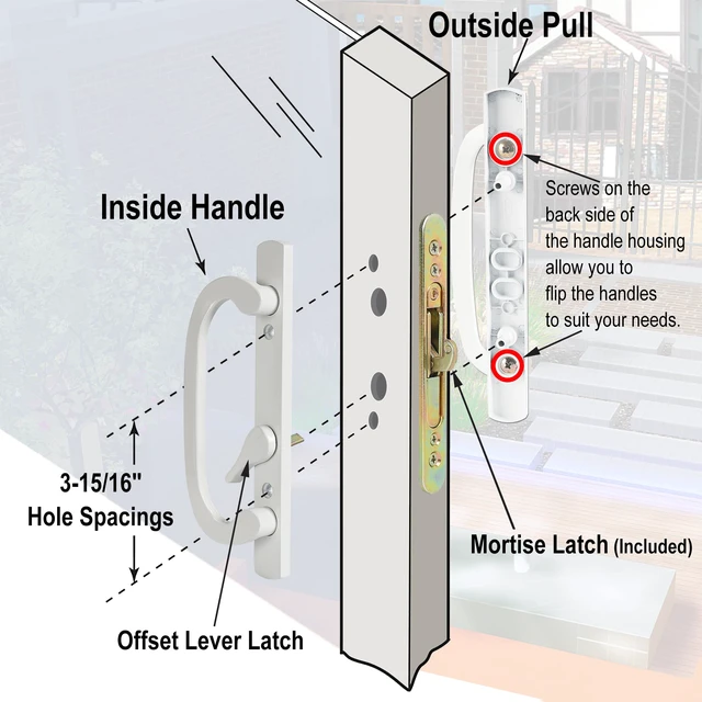 Alt view image 7 of 7 - Offset Position Keyed Sliding Patio Door Handleset with Mortise Lock, 45° Keyway, 3-15/16" H.C., Fits 1-3/8" to 2" Thick Doors, Non-Handed, White Diecast
