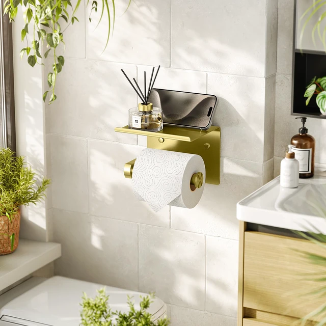 Alt view image 2 of 5 - Toilet Paper Holder with Phone Shelf, Adhesive or Screw Wall Mount Toilet Tissue Roll Holder, Rustproof & Multifunctional Stainless Steel Bathroom Storage Dispenser (Brushed Gold)