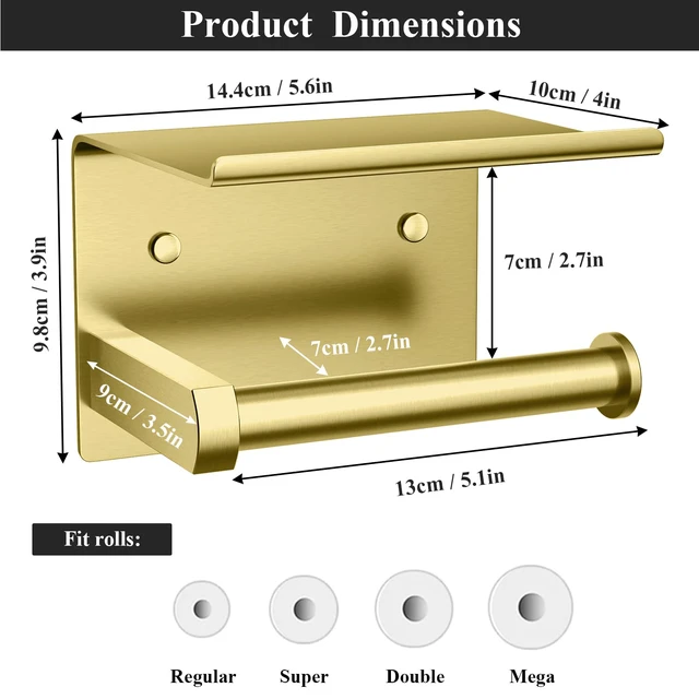 Alt view image 3 of 5 - Toilet Paper Holder with Phone Shelf, Adhesive or Screw Wall Mount Toilet Tissue Roll Holder, Rustproof & Multifunctional Stainless Steel Bathroom Storage Dispenser (Brushed Gold)