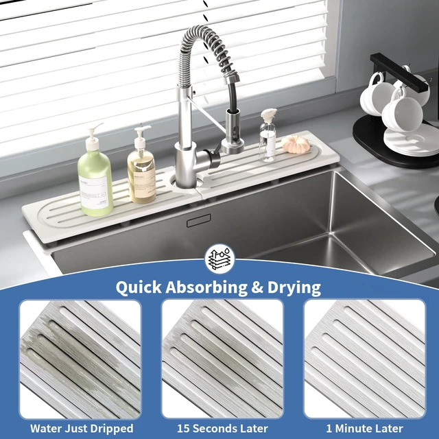 Alt view image 5 of 7 - Faucet Mat for Kitchen Sink, Water Absorbent Kitchen Faucet Mat, Durable Sink Splash Guard with Raised Feet, Diatomite Fast Drying Kitchen Sink Faucet Mat, Bathroom Stone Drying Tray for Counter