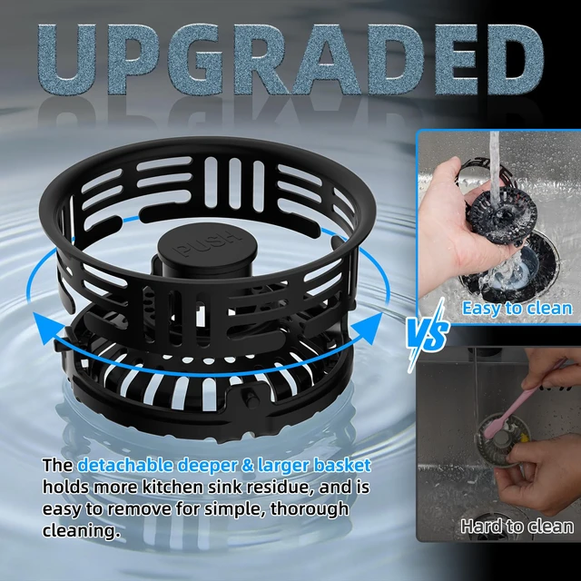 Alt view image 4 of 7 - 3 in 1 Kitchen Sink Drain Strainer, Metal Pop Up Stopper Larger Anti-Clogging Basket, 3-Layer Seal, Detachable Sink Drain Plug for US Standard 3-1/2" Drain, Black