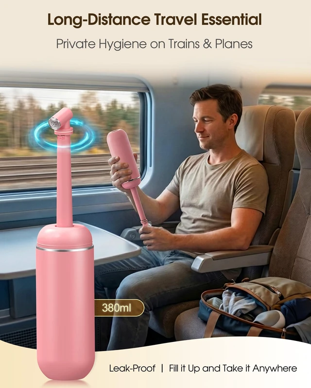Alt view image 2 of 6 - Portable Bidet for Travel & Camping - Manual Squeeze Peri Bottle Handheld 3 Leak-Proof Seals BPA-Free Feminine Hygiene Care Postpartum Extendable Sprayer with Nozzle for Men&Women-Pink