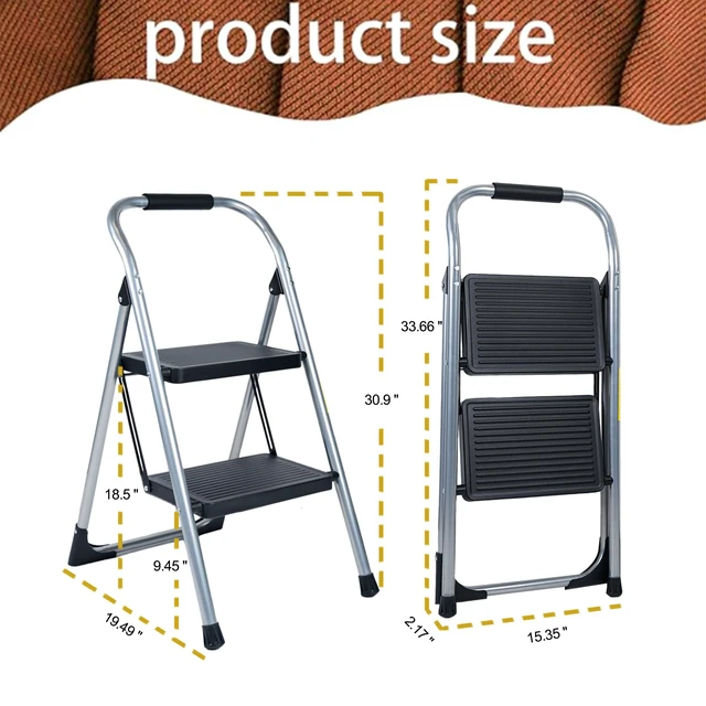 Alt view image 2 of 5 - Step Stool for Adults,2 Step Ladder Folding 330lbs Anti Slip Step Stool,Foldable Ergonomic 2 Steel Stool with Wide Pedal for Home, Kitchen, Office (Sliver)
