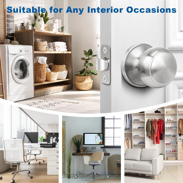 Alt view image 2 of 7 - Brushed Nickel Door Knob, 6 Pack Round Keyless Doorknobs Interior Lockset Non-Locking Passage Door Knobs for Bedroom Bathroom Hallway Closet, Modern Design Indoor Door Hardware