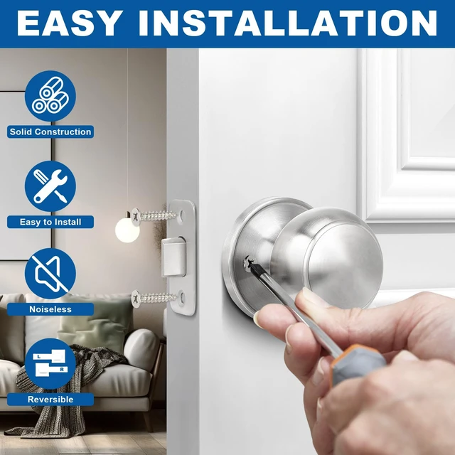 Alt view image 4 of 7 - Brushed Nickel Door Knob, 6 Pack Round Keyless Doorknobs Interior Lockset Non-Locking Passage Door Knobs for Bedroom Bathroom Hallway Closet, Modern Design Indoor Door Hardware