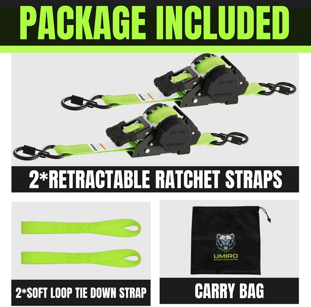 Alt view image 3 of 7 - Retractable Ratchet Straps 1 Inch x 12 Feet Heavy Duty Tie Downs Auto Retract Strap 1760lb Break Strength,Self Retracting for Truck,Cargo,Trailer,Motorcycle,ATV,UTV (Fluorescent Green,2 Pack)