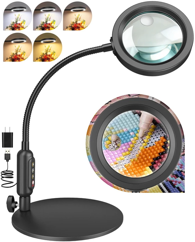 Main image of 30X 10X Magnifying Glass with Light and Stand, 5 Color Modes Stepless Dimmable, Optical Grade HD Lens, LED Lighted Magnifier Hands Free with 20.5in Flexible Gooseneck for Close Work - Black