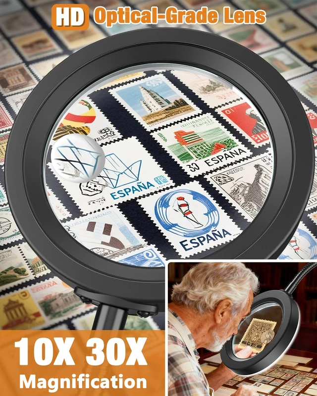 Alt view image 2 of 7 - 30X 10X Magnifying Glass with Light and Stand, 5 Color Modes Stepless Dimmable, Optical Grade HD Lens, LED Lighted Magnifier Hands Free with 20.5in Flexible Gooseneck for Close Work - Black