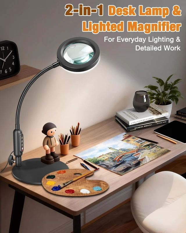 Alt view image 6 of 7 - 30X 10X Magnifying Glass with Light and Stand, 5 Color Modes Stepless Dimmable, Optical Grade HD Lens, LED Lighted Magnifier Hands Free with 20.5in Flexible Gooseneck for Close Work - Black