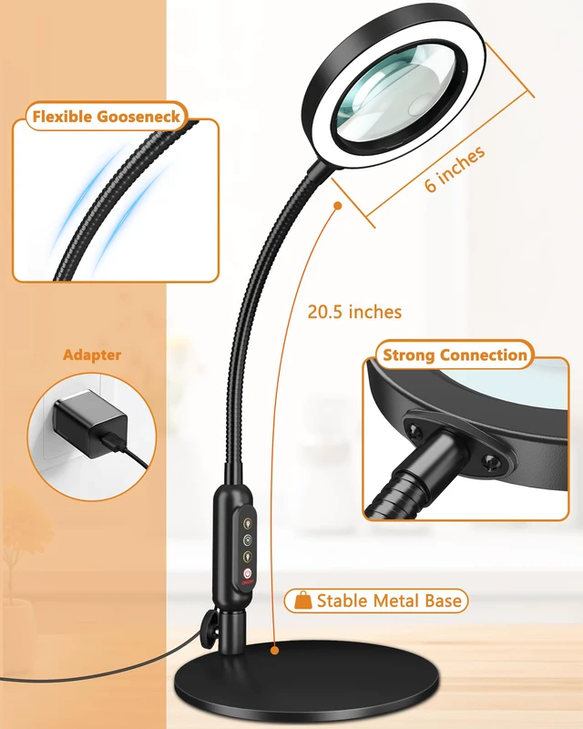Alt view image 7 of 7 - 30X 10X Magnifying Glass with Light and Stand, 5 Color Modes Stepless Dimmable, Optical Grade HD Lens, LED Lighted Magnifier Hands Free with 20.5in Flexible Gooseneck for Close Work - Black