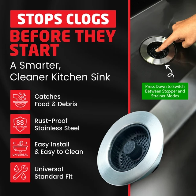 Alt view image 2 of 7 - Kitchen Sink Drain Strainer, 2-in-1 Pop-Up Sink Stopper & Strainer with Removable Anti-Clog Basket, 304 Stainless Steel, Fits 3"-3.4" US Standard Drains, Easy Clean Food Catcher