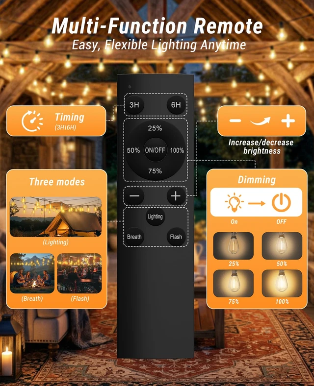Alt view image 2 of 7 - 50FT Outdoor String Lights with Remote, LED Patio Lights with 18+1 Waterproof S11 Bulbs, Outside Dimmable 2700K Warm White, Timer & 3 Modes,for Backyard Garden Deck Porch Balcony Gazebo Party Decor