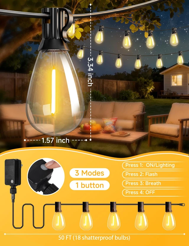 Alt view image 5 of 7 - 50FT Outdoor String Lights with Remote, LED Patio Lights with 18+1 Waterproof S11 Bulbs, Outside Dimmable 2700K Warm White, Timer & 3 Modes,for Backyard Garden Deck Porch Balcony Gazebo Party Decor