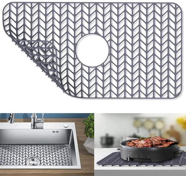 Main image of Silicone Protectors for Kitchen Sink, 26''x 14'' Sink Mat Grid for Bottom of Farmhouse Stainless Steel Porcelain with Center Drain (Grey)