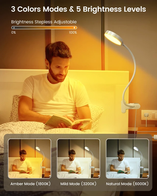 Alt view image 3 of 6 - 5W Clip on Light, 3 Colors & 5 Brightness Reading Light for Bed Flexible Gooseneck Clip on Lamp, 30-Min Timer, Reading Lamp, Perfect Desk Lamp for Dorm,Bunk,Bed,Headboard,Table,Work,Craft