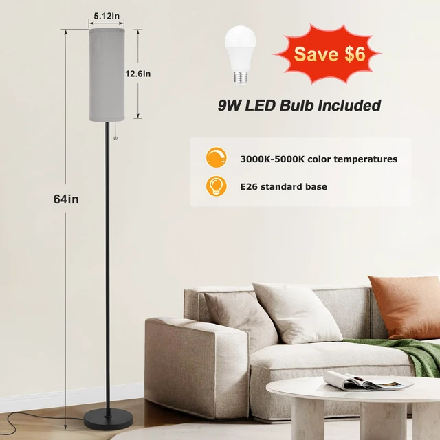 Alt view image 2 of 7 - 64" Floor Lamp with Bulb & Lampshade & Chain Switch, Grey & Black 3 Color Temperature,9W LED bulb,Minimalist Floor Lamp,Tall Pole Lamps,Living Room,Bedrooms,for Study,Office