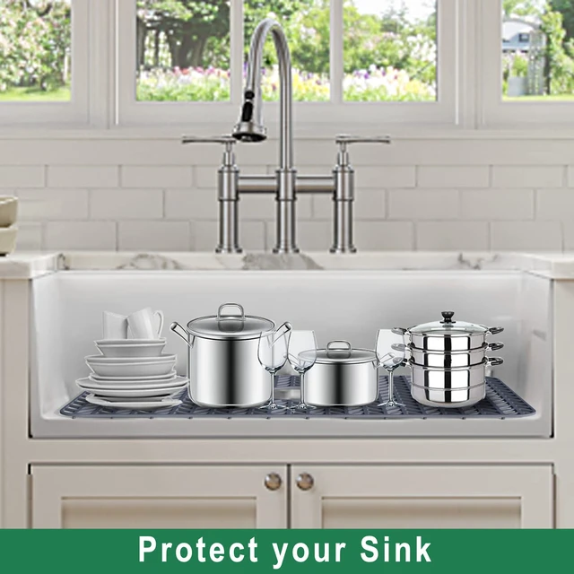 Alt view image 2 of 7 - Silicone Protectors for Kitchen Sink, 26''x 14'' Sink Mat Grid for Bottom of Farmhouse Stainless Steel Porcelain with Center Drain (Grey)