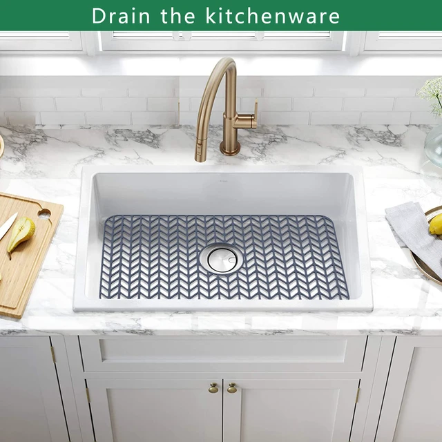 Alt view image 4 of 7 - Silicone Protectors for Kitchen Sink, 26''x 14'' Sink Mat Grid for Bottom of Farmhouse Stainless Steel Porcelain with Center Drain (Grey)