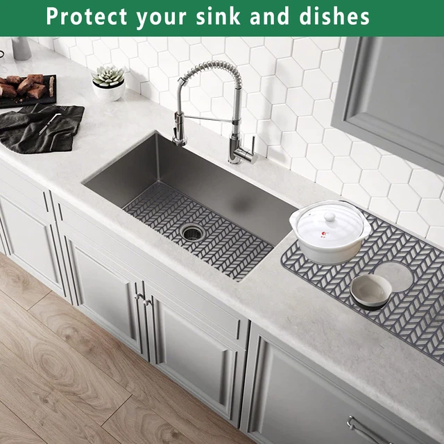 Alt view image 6 of 7 - Silicone Protectors for Kitchen Sink, 26''x 14'' Sink Mat Grid for Bottom of Farmhouse Stainless Steel Porcelain with Center Drain (Grey)
