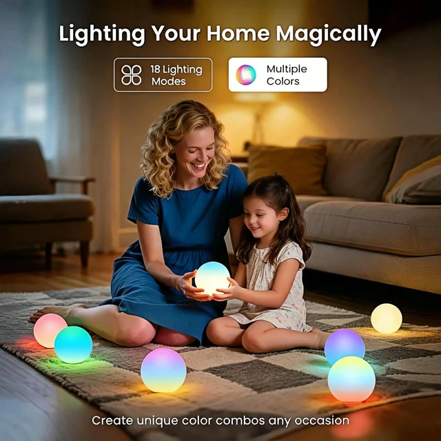 Alt view image 3 of 7 - 3-inch Rechargeable LED Ball Lights, Sphere Night Light 18 Modes, 11 RGB Color Change Mood Lighting, IP65 Waterproof Floating Pool Light for Bedroom Patio Bathtub Decor,Gift