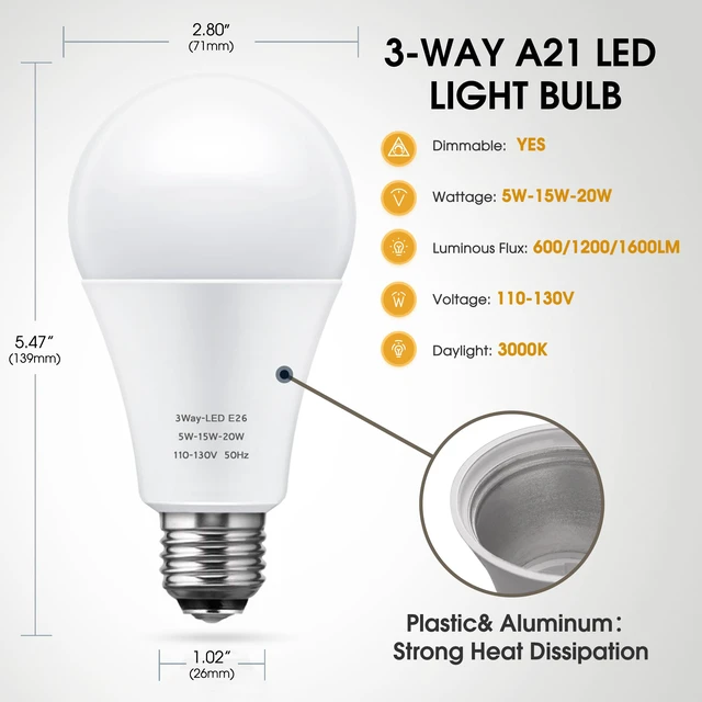 Alt view image 6 of 7 - 3 Way LED Light Bulbs 50 100 150W Equivalent A21 Soft White 3000K 3 Way Light Bulbs Three Way E26 Medium Base 800lm-1400lm-2000lm, 2 Pack