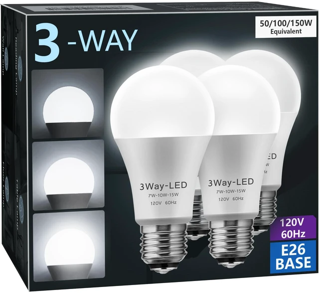 Main image of LED Light Bulbs 3 Way Light Bulbs 50 100 150W Equivalent 5000K Three Way A19 Light Bulbs E26 Medium Base, Daylight White 5000K, 500lm-1000lm-1500lm, 4Pack