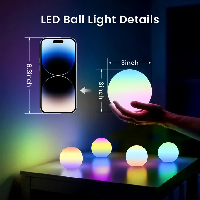 Alt view image 6 of 7 - 3-inch Rechargeable LED Ball Lights, Sphere Night Light 18 Modes, 11 RGB Color Change Mood Lighting, IP65 Waterproof Floating Pool Light for Bedroom Patio Bathtub Decor,Gift