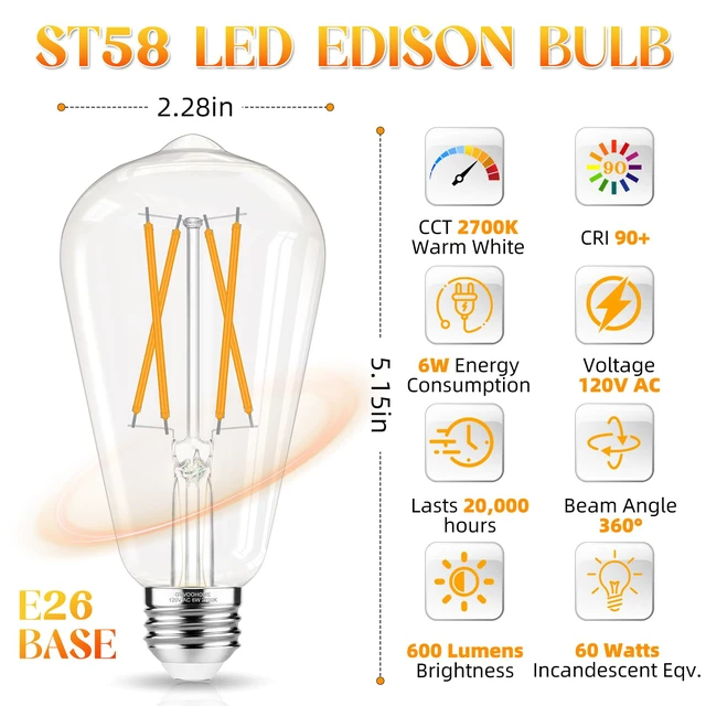 Alt view image 2 of 7 - Edison Bulbs 60 watt LED, Vintage Light Bulbs Non-Dimmable, 2700K Warm White, ST58 E26 LED Bulb, 90+ CRI, E26 Medium Base, Clear Glass, 12 Pack