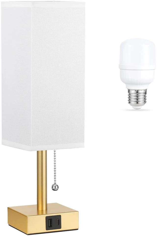 Main image of Gold Bedside Table Lamp for Bedroom - Desk Lamp For Nightstand, USB C+A Pull Chain Lamp, 3 Color Modes(3000K/4000K/5000K), E26 LED Bulb Included, Square White Fabric Lampshade, for Read, Work, Dorm