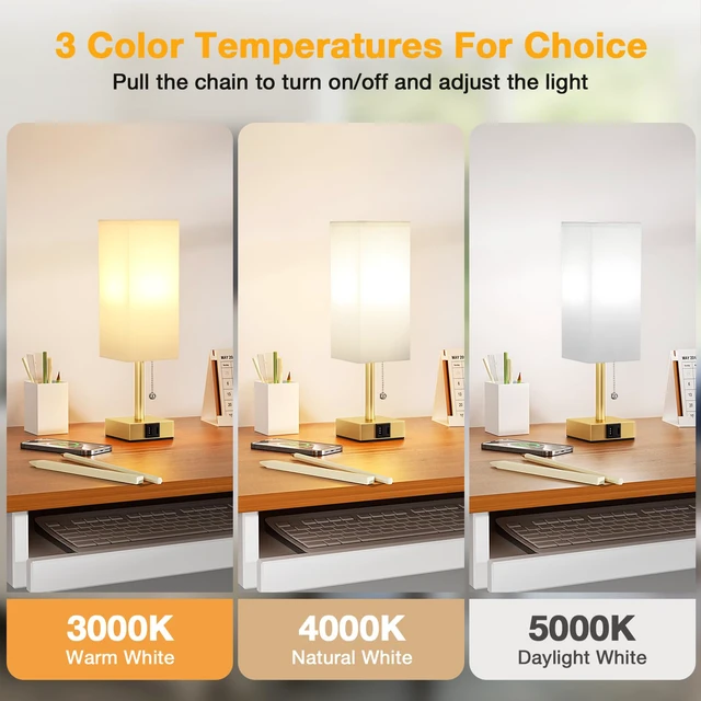 Alt view image 3 of 6 - Gold Bedside Table Lamp for Bedroom - Desk Lamp For Nightstand, USB C+A Pull Chain Lamp, 3 Color Modes(3000K/4000K/5000K), E26 LED Bulb Included, Square White Fabric Lampshade, for Read, Work, Dorm
