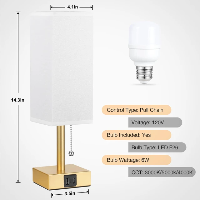 Alt view image 4 of 6 - Gold Bedside Table Lamp for Bedroom - Desk Lamp For Nightstand, USB C+A Pull Chain Lamp, 3 Color Modes(3000K/4000K/5000K), E26 LED Bulb Included, Square White Fabric Lampshade, for Read, Work, Dorm