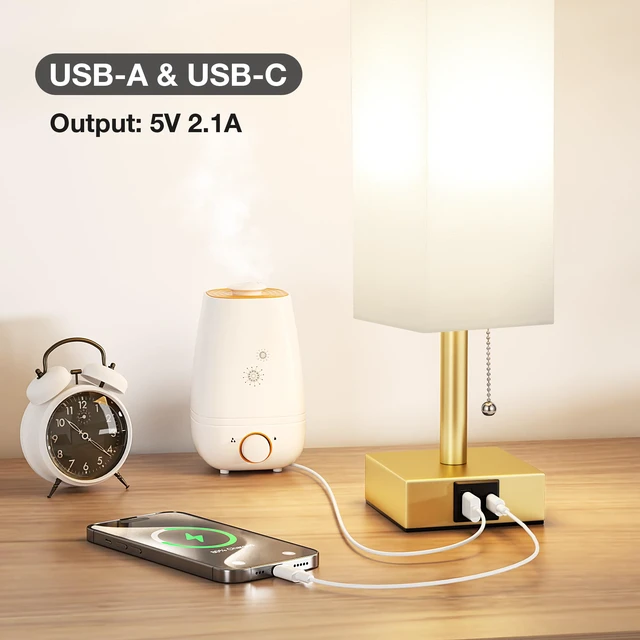 Alt view image 2 of 6 - Gold Bedside Table Lamp for Bedroom - Desk Lamp For Nightstand, USB C+A Pull Chain Lamp, 3 Color Modes(3000K/4000K/5000K), E26 LED Bulb Included, Square White Fabric Lampshade, for Read, Work, Dorm