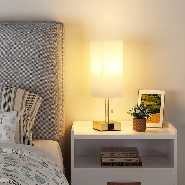 Alt view image 5 of 6 - Gold Bedside Table Lamp for Bedroom - Desk Lamp For Nightstand, USB C+A Pull Chain Lamp, 3 Color Modes(3000K/4000K/5000K), E26 LED Bulb Included, Square White Fabric Lampshade, for Read, Work, Dorm