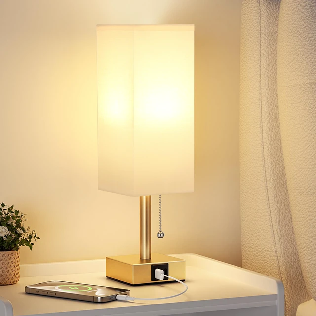 Alt view image 6 of 6 - Gold Bedside Table Lamp for Bedroom - Desk Lamp For Nightstand, USB C+A Pull Chain Lamp, 3 Color Modes(3000K/4000K/5000K), E26 LED Bulb Included, Square White Fabric Lampshade, for Read, Work, Dorm