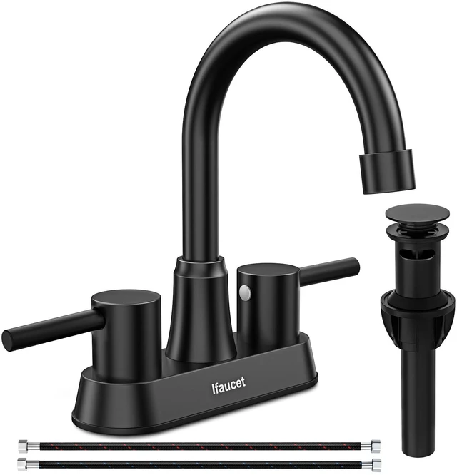 Main image of Black Bathroom Faucet 3 Hole, Bathroom Faucets for Sink 3 Hole, Bathroom Sink Faucet, 4 Inch 2 Handle Centerset, Lead-Free, with Copper Pop Up Drain (Matte Black)