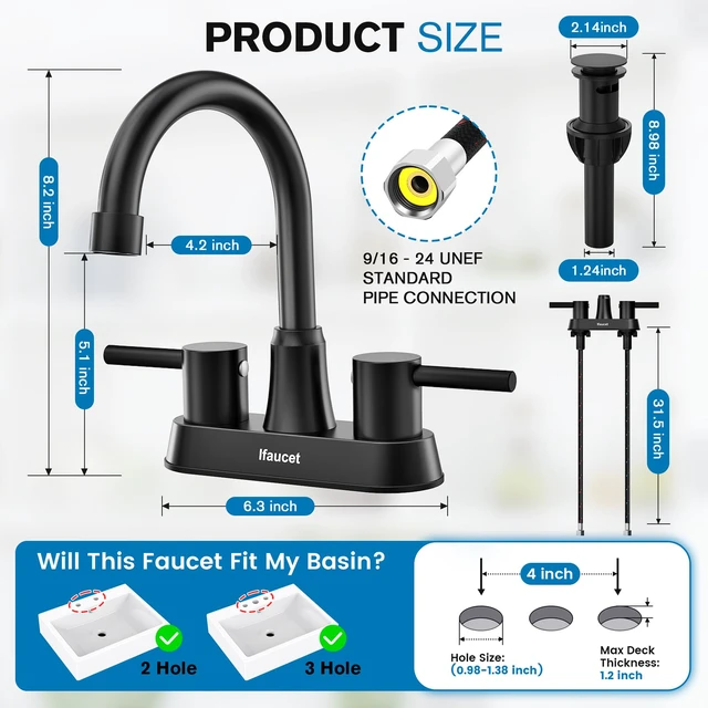 Alt view image 2 of 7 - Black Bathroom Faucet 3 Hole, Bathroom Faucets for Sink 3 Hole, Bathroom Sink Faucet, 4 Inch 2 Handle Centerset, Lead-Free, with Copper Pop Up Drain (Matte Black)