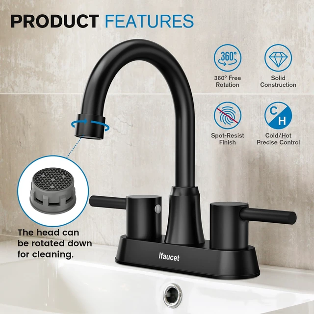 Alt view image 3 of 7 - Black Bathroom Faucet 3 Hole, Bathroom Faucets for Sink 3 Hole, Bathroom Sink Faucet, 4 Inch 2 Handle Centerset, Lead-Free, with Copper Pop Up Drain (Matte Black)