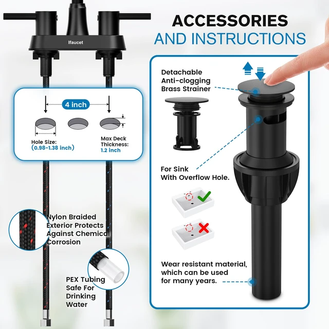 Alt view image 4 of 7 - Black Bathroom Faucet 3 Hole, Bathroom Faucets for Sink 3 Hole, Bathroom Sink Faucet, 4 Inch 2 Handle Centerset, Lead-Free, with Copper Pop Up Drain (Matte Black)