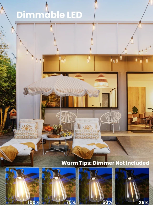 Alt view image 5 of 7 - Outdoor String Lights 100 FT, Outside LED Patio Light Waterproof 52 Shatterproof Vintage Bulbs, Connectable for Bistro Cafe Market Backyard Party, ETL-Listed,Dimmable Warm White